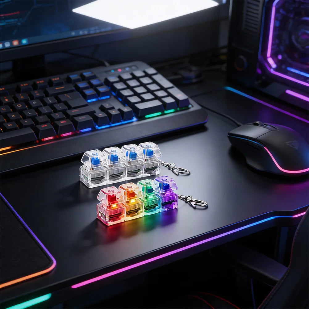 Close-up of the four mechanical keycaps on the ClickVibe fidget bar